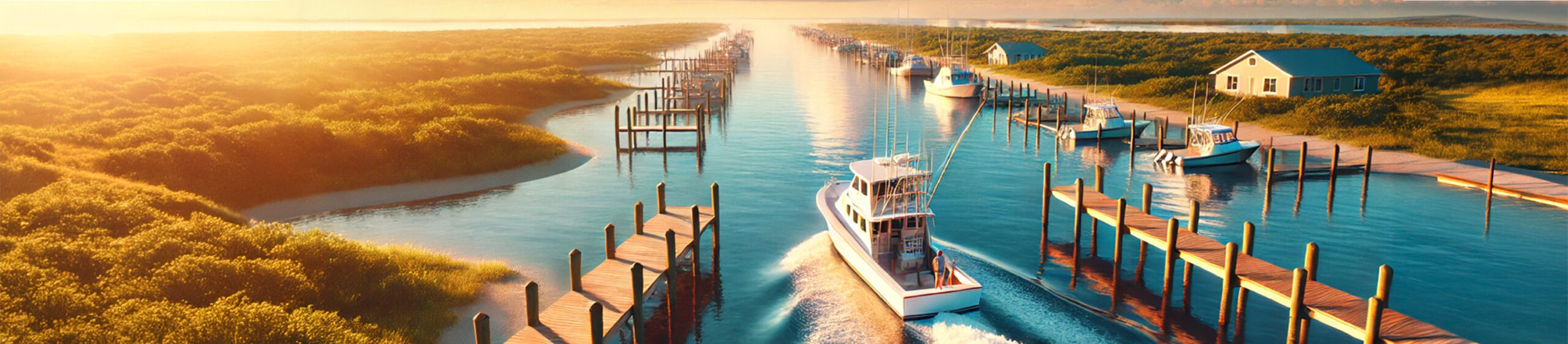 Fishing boat returning to the dock at sunset with calm coastal waters and a vibrant sky.