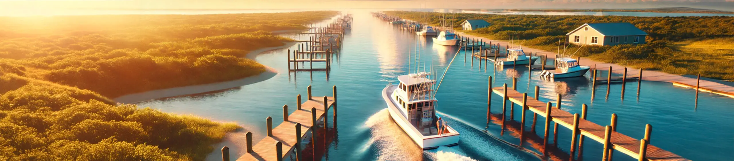 Fishing boat returning to the dock at sunset with calm coastal waters and a vibrant sky.