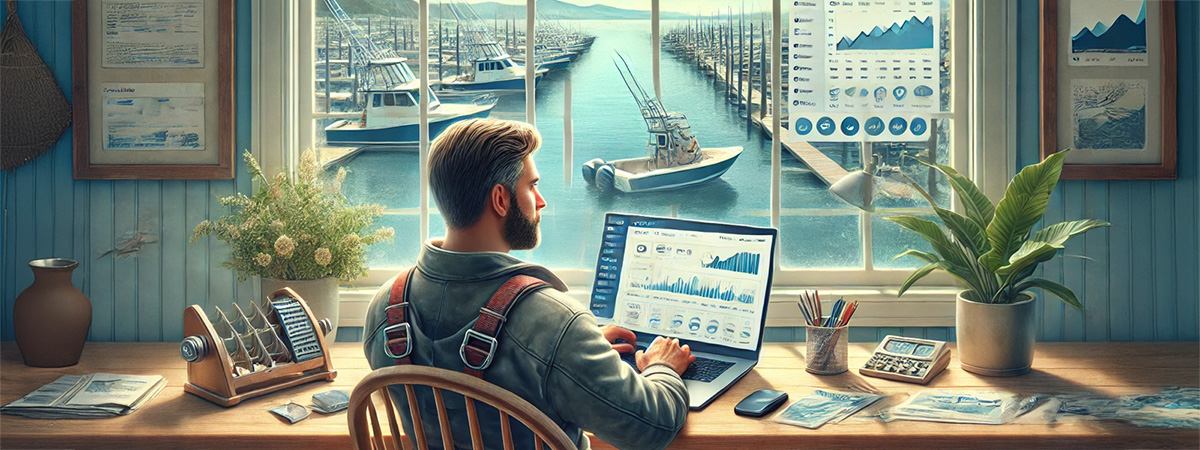 Fishing charter captain working at a desk with a laptop showing an email platform dashboard, with a marina view through the window.
