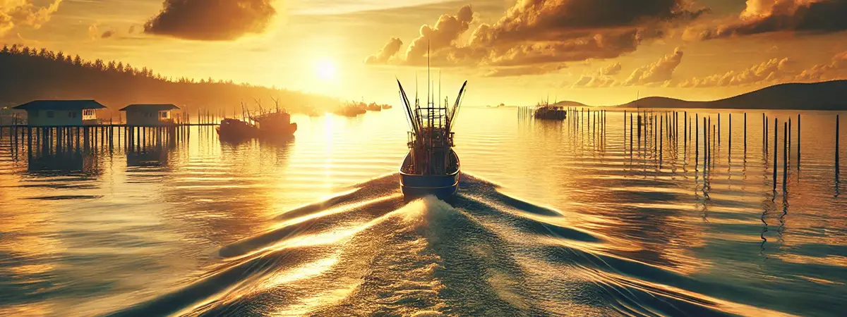 Fishing boat returning to dock at golden hour with a gentle wake trailing behind, calm water glowing with sunset light — symbolizing momentum and new opportunities.