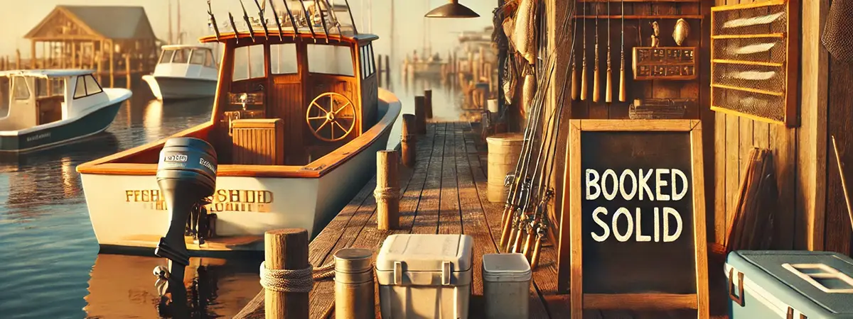 Fishing boat at the dock beside a chalkboard reading “Booked Solid,” surrounded by rods, coolers, and a tackle shed — representing a successful guide business.