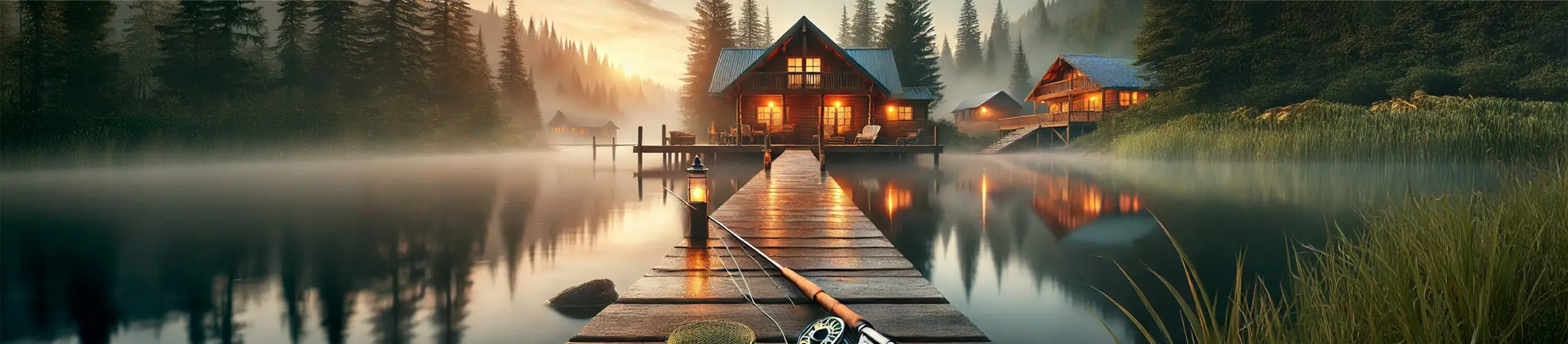 Scenic fishing lodge at sunrise with dock extending into calm water, fly rod leaning against the dock, and mist rising off the lake.