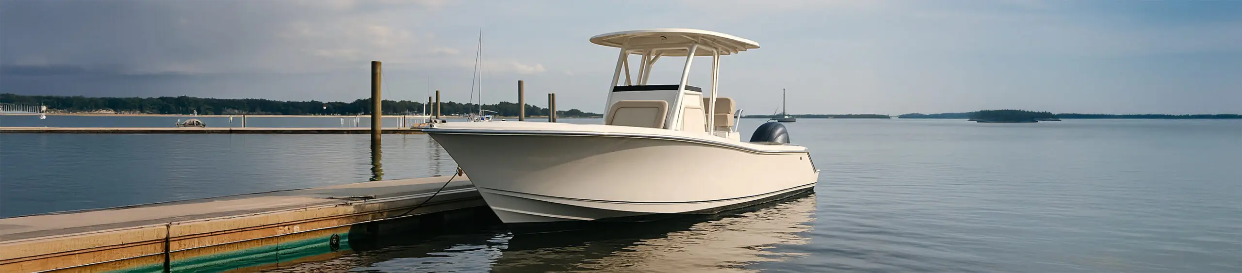A center console boat on a trailer inside a modern showroom, fully visible and lit with soft, natural light.