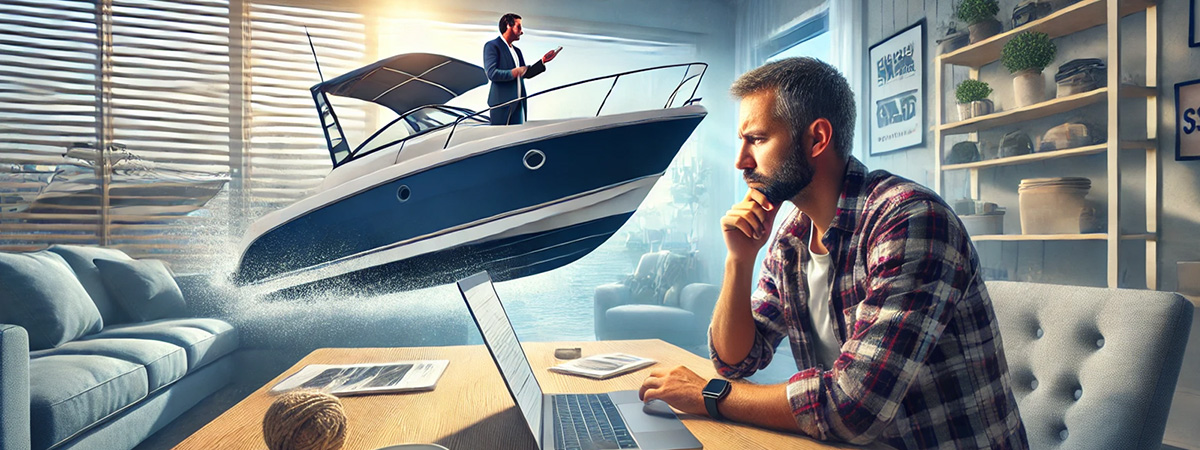 A boat buyer sits at a desk, looking disappointed at a laptop after realizing a boat is out of their price range. The scene highlights the frustration of hidden pricing.