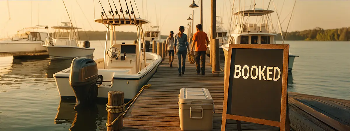 A photorealistic image of a busy charter dock at sunrise with boats lined up, fishing gear stacked, and a chalkboard sign reading “BOOKED” near the walkway.