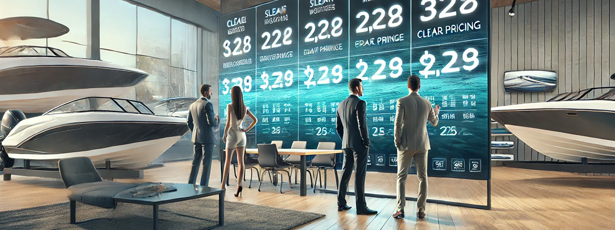 A boat dealership with a digital price board displaying clear pricing for various models, emphasizing the competitive advantage of pricing transparency.