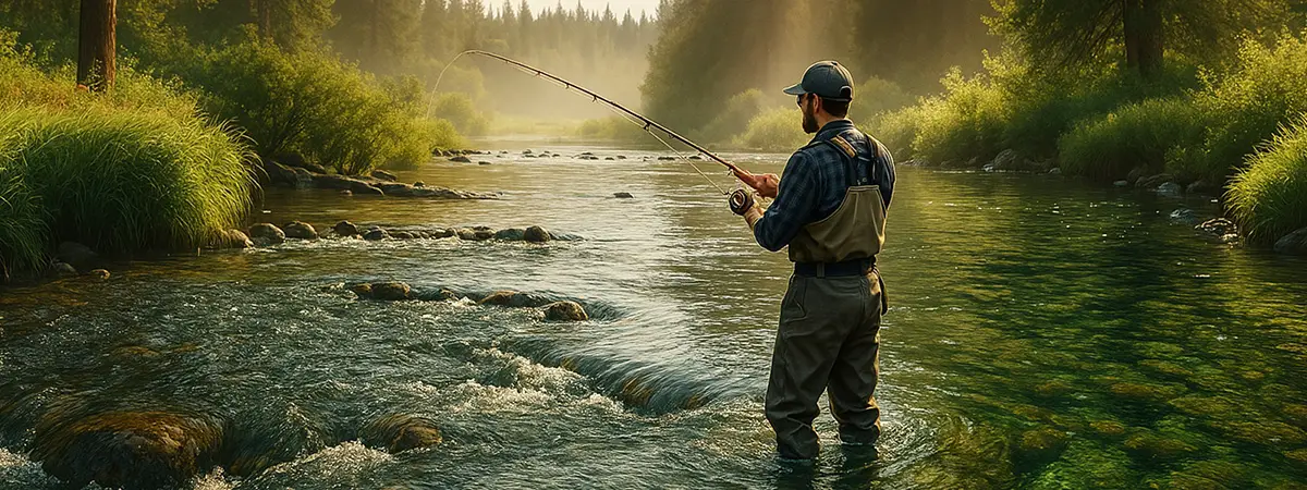 A photorealistic image of an angler fly fishing in a forested mountain stream at sunrise, surrounded by lush greenery and golden light filtering through the trees.