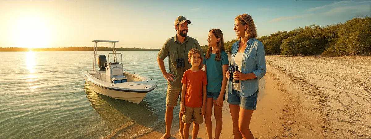 A photorealistic image of a family enjoying an eco tour aboard a skiff in shallow coastal water, surrounded by clear skies and calm backcountry scenery.