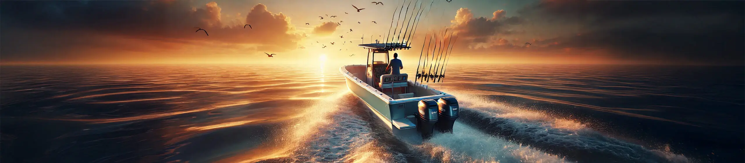 Center console fishing boat underway at sunrise with a guide at the helm, rods in holders and warm light reflecting on calm ocean waters. Peaceful and professional.