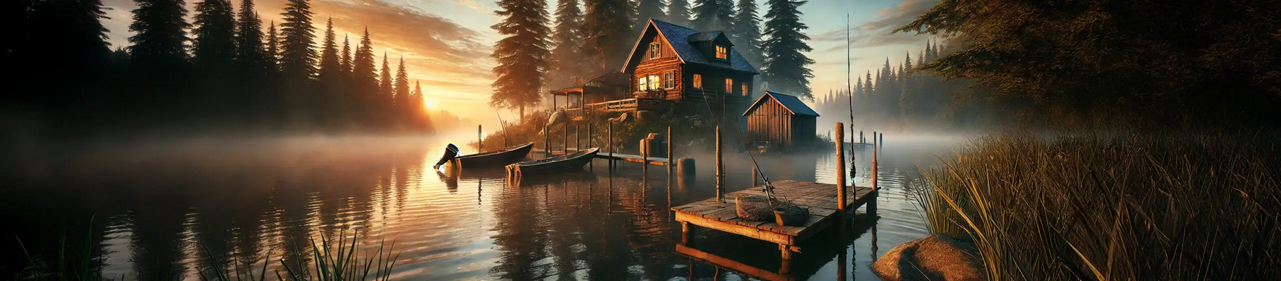 A rustic fishing lodge nestled among tall pine trees, overlooking a misty lake at sunrise. A wooden dock extends into the water with a moored fishing boat.
