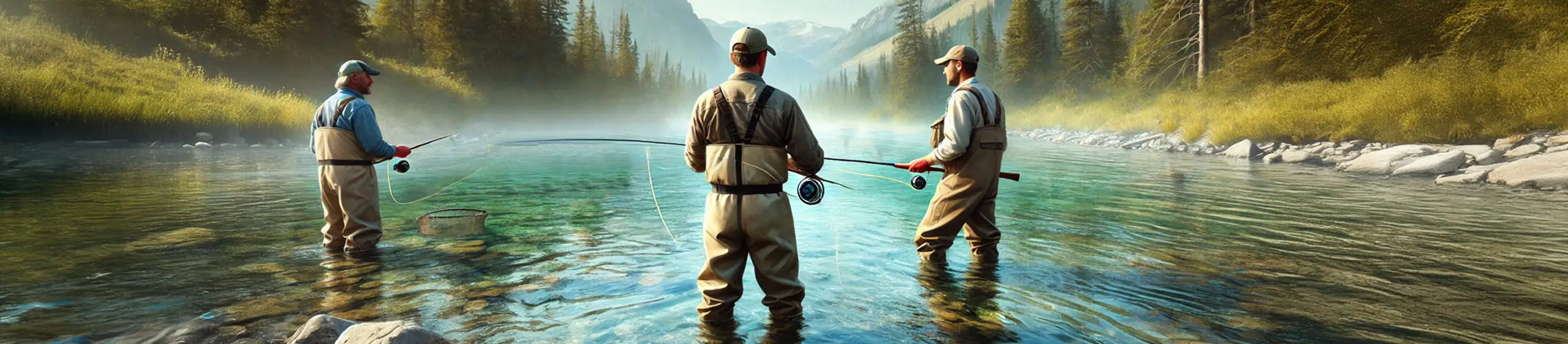 Fishing guide fly fishing with two clients in a Montana stream
