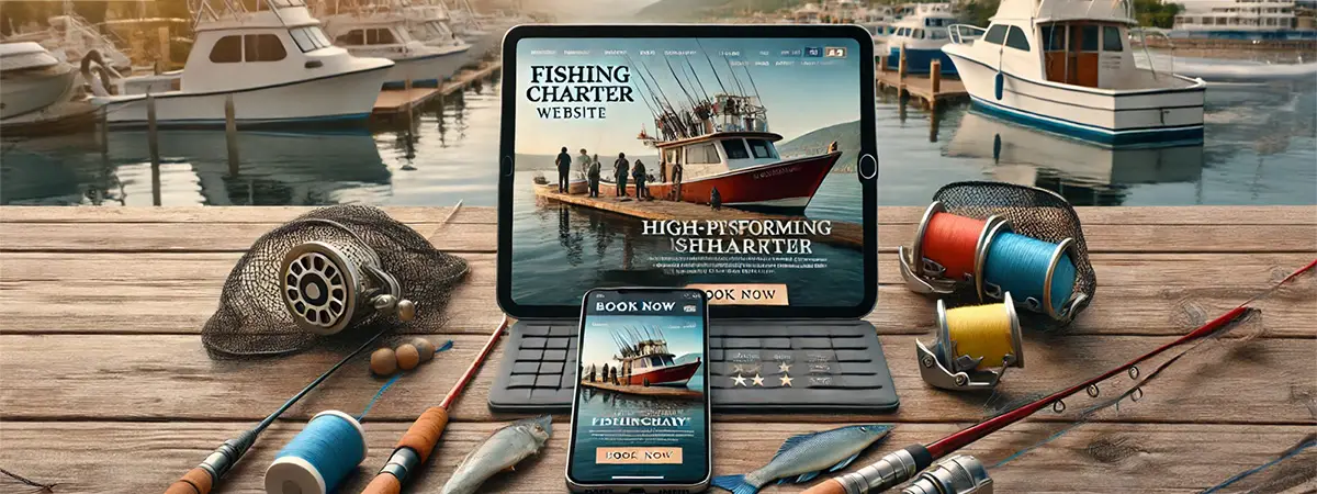 Tablet and smartphone displaying a high-performing fishing charter website with a ‘Book Now’ button, customer reviews, and high-quality fishing photos.