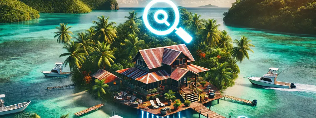 Tropical fishing lodge with a glowing search icon symbolizing SEO and online visibility.