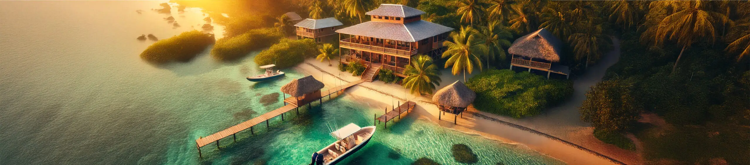 A stunning tropical fishing lodge in Belize or Costa Rica, surrounded by lush palm trees and turquoise waters, with a wooden dock and fishing boats.