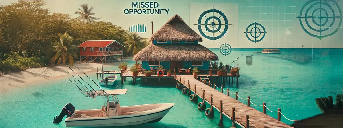 Tropical fishing lodge with a subtle ‘missed opportunity’ element in the background, symbolizing marketing mistakes.