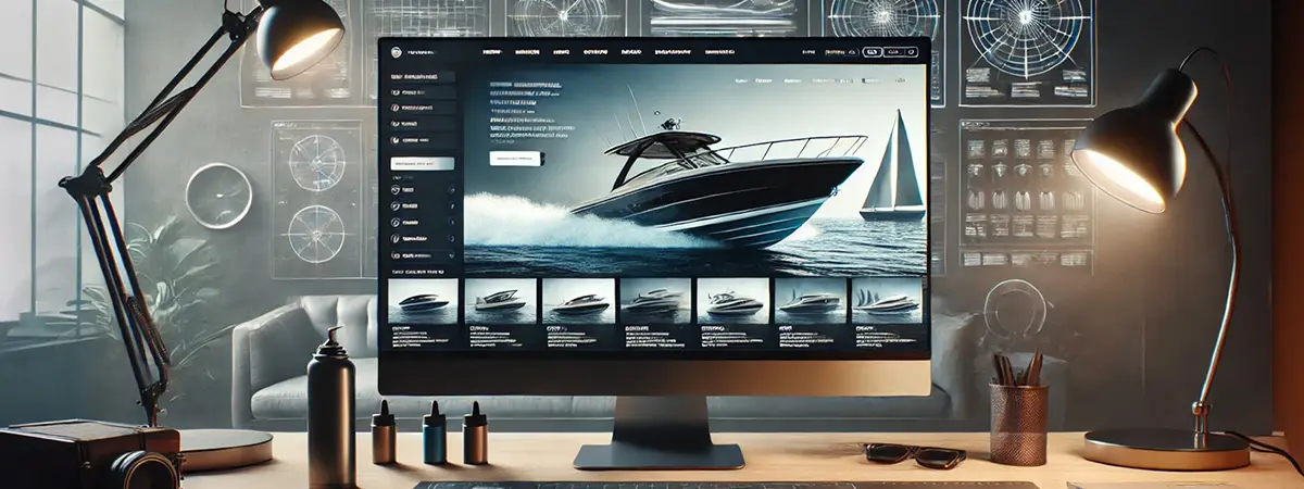 A modern boat brand’s website being designed on a high-resolution screen, featuring a sleek layout with premium boat imagery and clean typography.