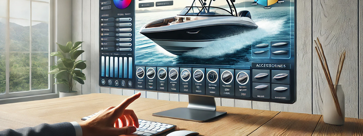 A sleek boat configurator interface on a desktop screen, showing customizable features like color and engine options, emphasizing online engagement and lead generation.