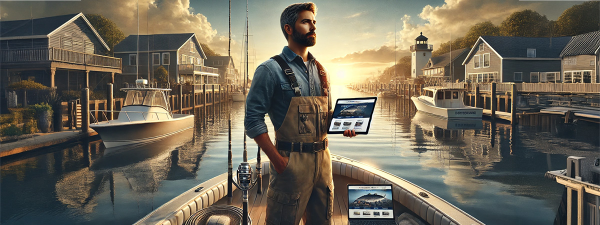 Confident fishing charter captain standing on his boat at sunrise, holding a tablet displaying his website, symbolizing full control over his business.