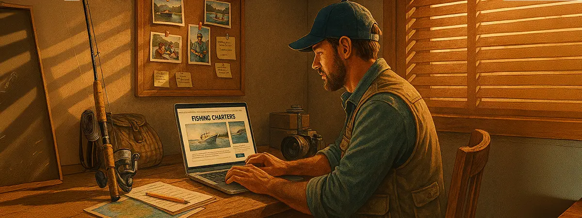 A photorealistic image of a fishing guide organizing gear at sunrise beside a docked skiff, preparing for the upcoming season in the off-season calm.