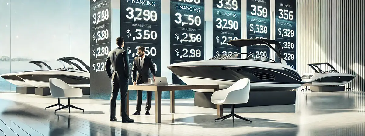A modern boat showroom with large banners displaying pricing options and financing details. A sales representative assists a customer near a luxury boat model, emphasizing pricing transparency.