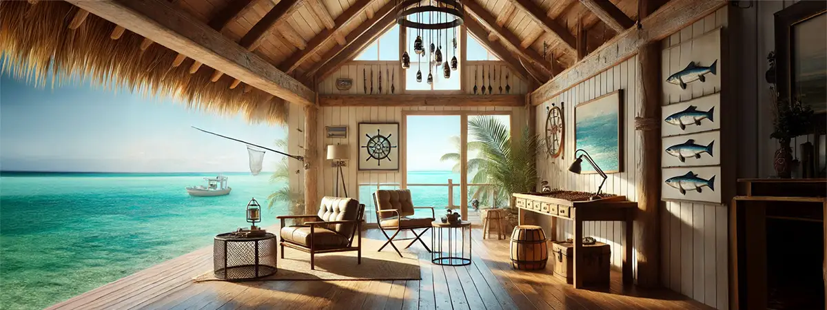 Interior of a tropical fishing lodge with rustic wooden beams and large windows overlooking turquoise waters, symbolizing a fresh start and strategic planning.