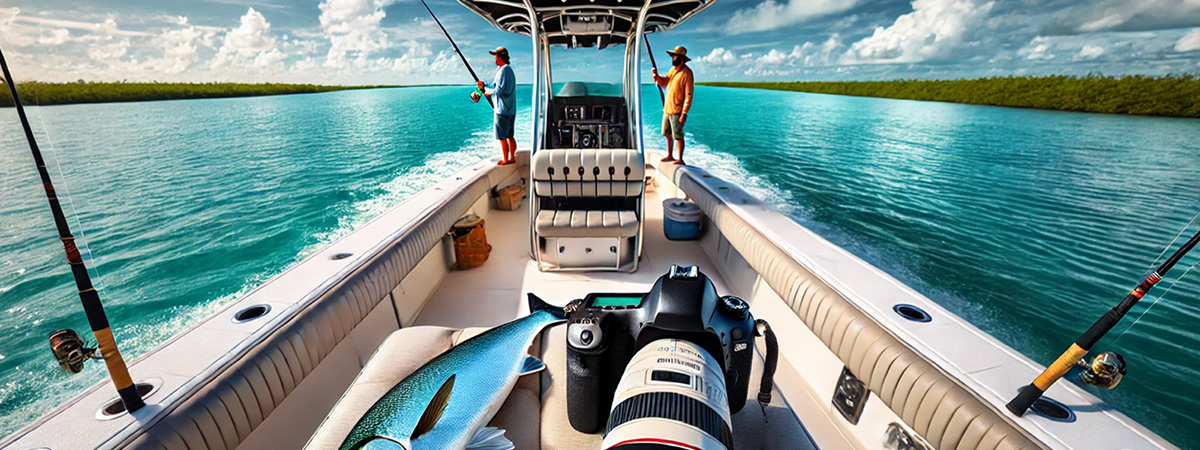 DSLR camera resting on the seat of a fishing charter boat, with anglers holding a tarpon in the background.