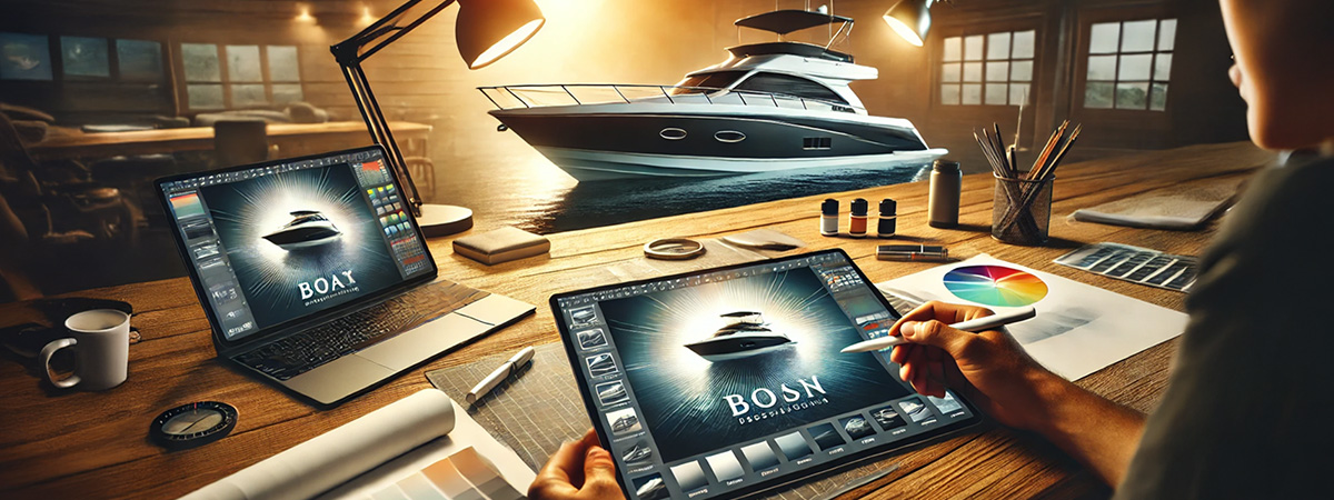 Sleek, modern boat branding concept being designed on a tablet, with a high-end boat in the background, symbolizing brand development and innovation.