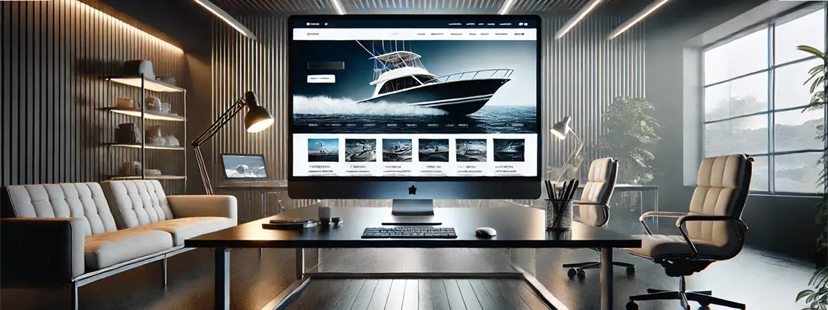 A modern boat brand’s fully designed website displayed on a large screen, showcasing high-end visuals, clean navigation, and a polished, responsive design.