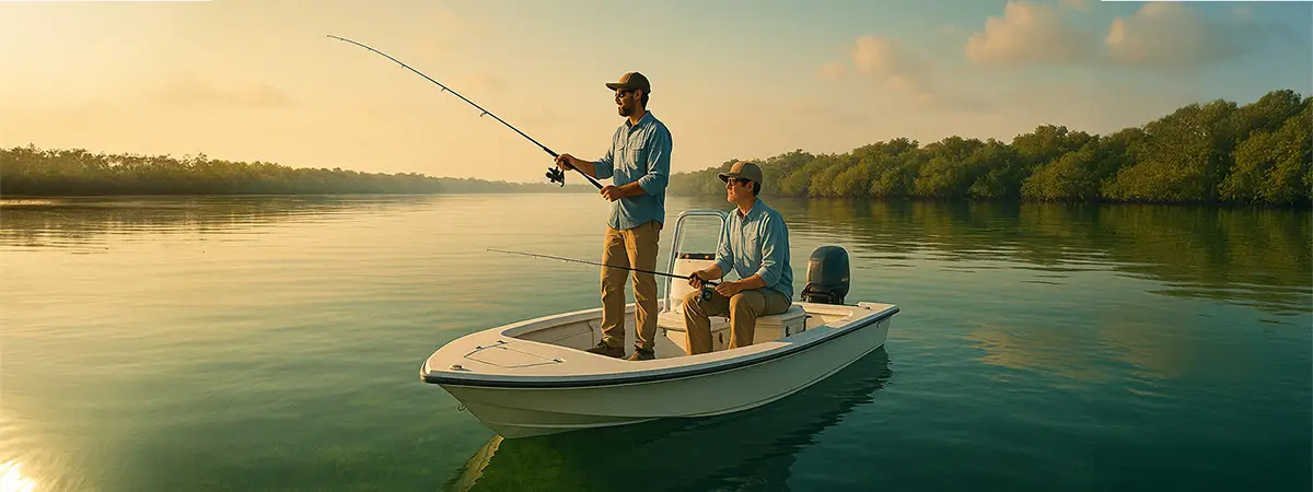 A photorealistic image of a fishing guide and client aboard a skiff in a remote backcountry setting, with calm water and no other boats in sight.