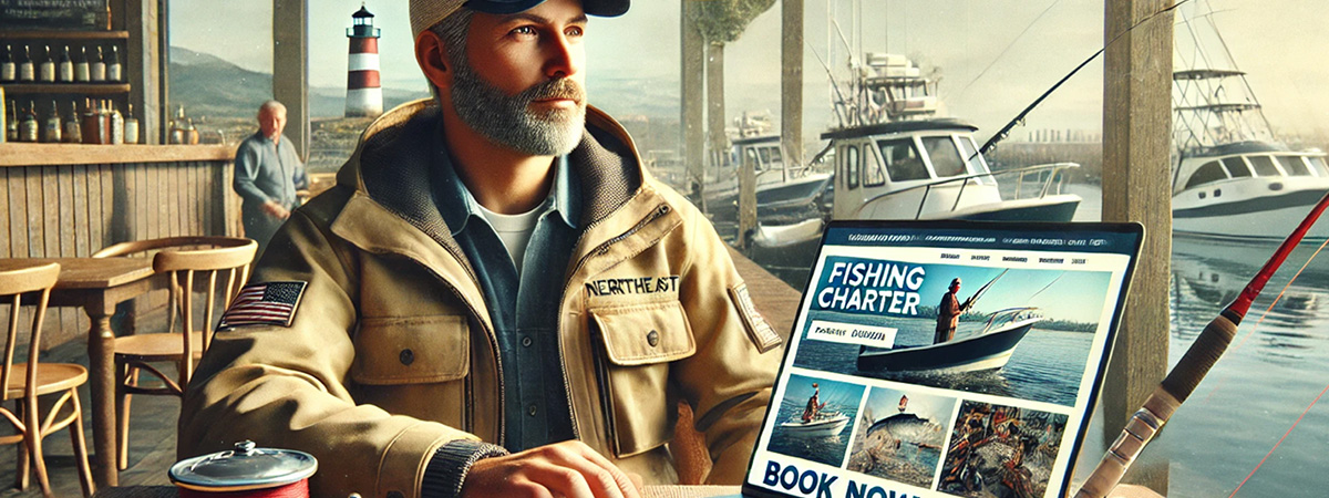 Fishing charter captain confidently using his website on a laptop at a marina-side café, with a ‘Book Now’ button visible on the screen.