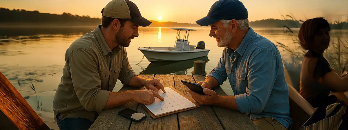 Two fishing guides sitting at a dockside table at sunrise, reviewing a calendar and tablet with a skiff and gear in the background.