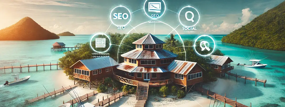 Tropical fishing lodge with digital marketing elements symbolizing a website’s central role in marketing.