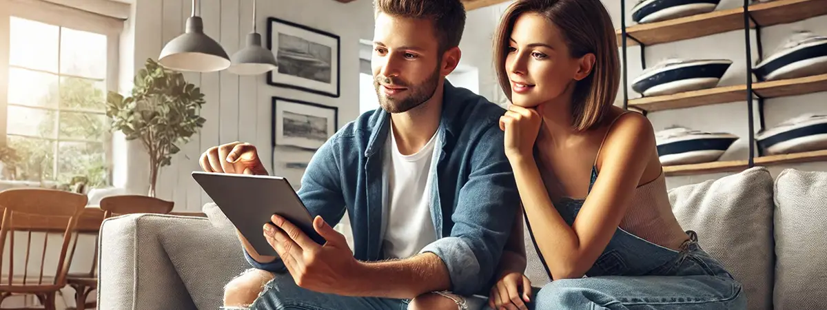 A young couple sitting on a couch, browsing a boat builder’s website on a tablet, excitedly comparing models and pricing, emphasizing modern digital shopping habits.