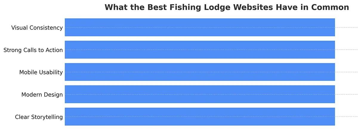 Bar chart highlighting top traits of high-performing fishing lodge websites, including storytelling, modern design, and mobile usability