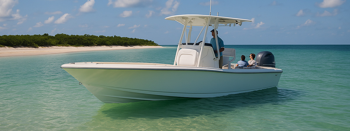 White center console boat anchored in shallow water near a secluded beach with three passengers onboard.