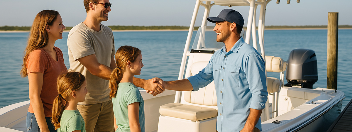 Charter captain greets a smiling family boarding his boat for a morning fishing trip.
