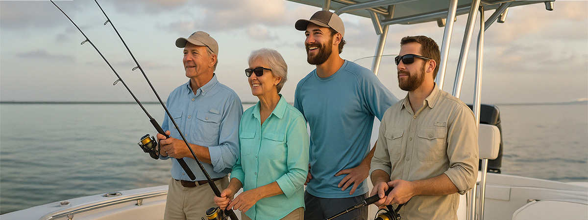 Fishing guide with older couple and serious anglers on charter boat at sunset