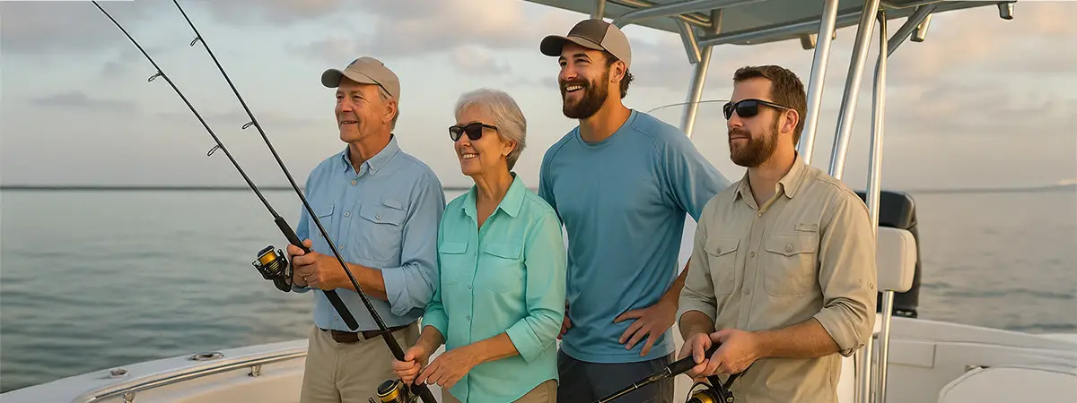 Fishing guide with older couple and serious anglers on charter boat at sunset