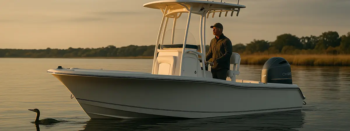 A boat anchored in golden hour light with a guide at the helm.