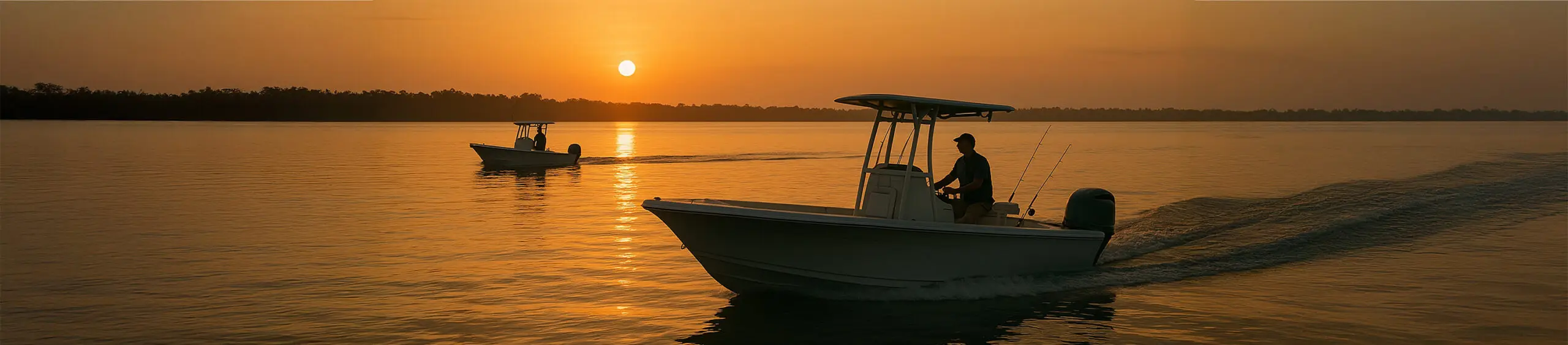A fishing captain navigates a white boat through calm waters at sunset.