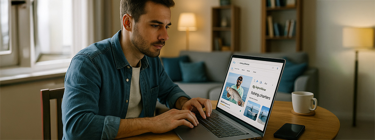 Man researching fishing charters on his laptop at home