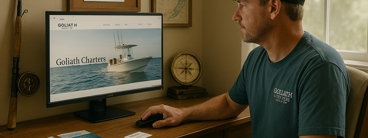 Charter captain reviews his website and printed materials at a desk in a home office.