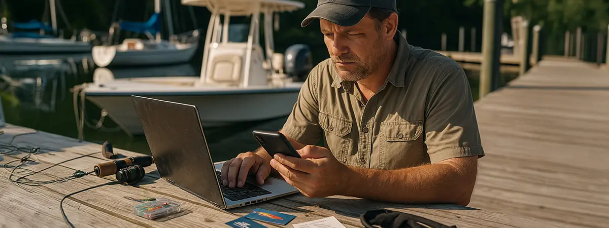 Charter captain sits at a dockside picnic table with outdated gear and a cracked laptop, looking frustrated while checking his phone