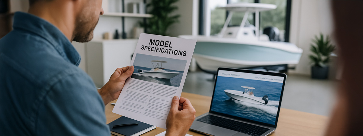 Man reviewing boat model specifications at a desk in a modern showroom with a center console boat in the background