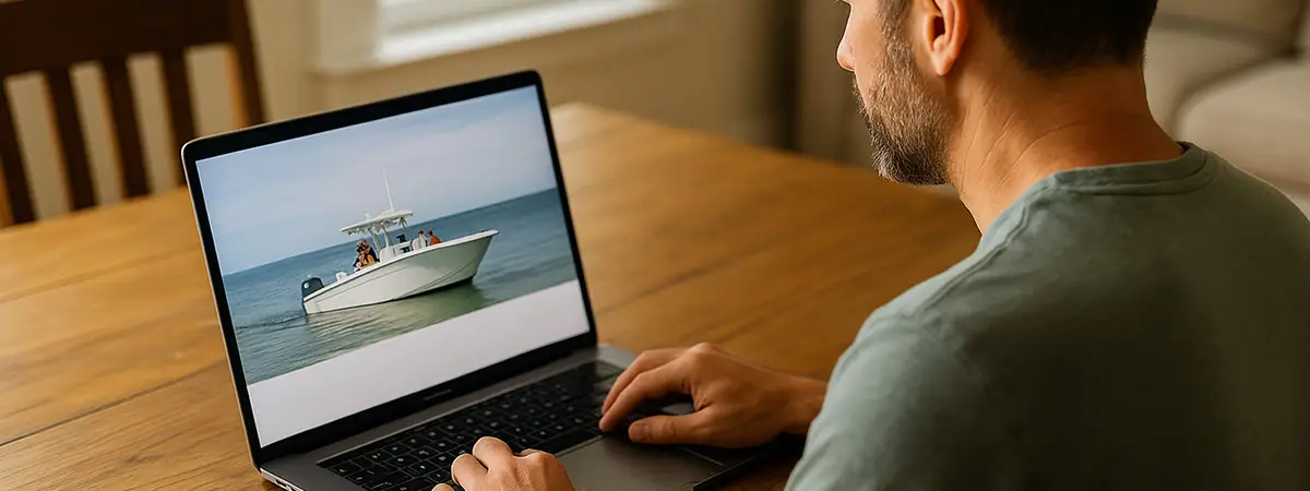 Man sitting at a wooden table browsing a boat manufacturer’s website on a laptop in a naturally lit room.