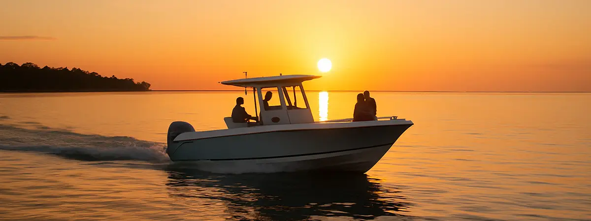 Silhouetted boat cruising at sunset with passengers enjoying the view on calm water