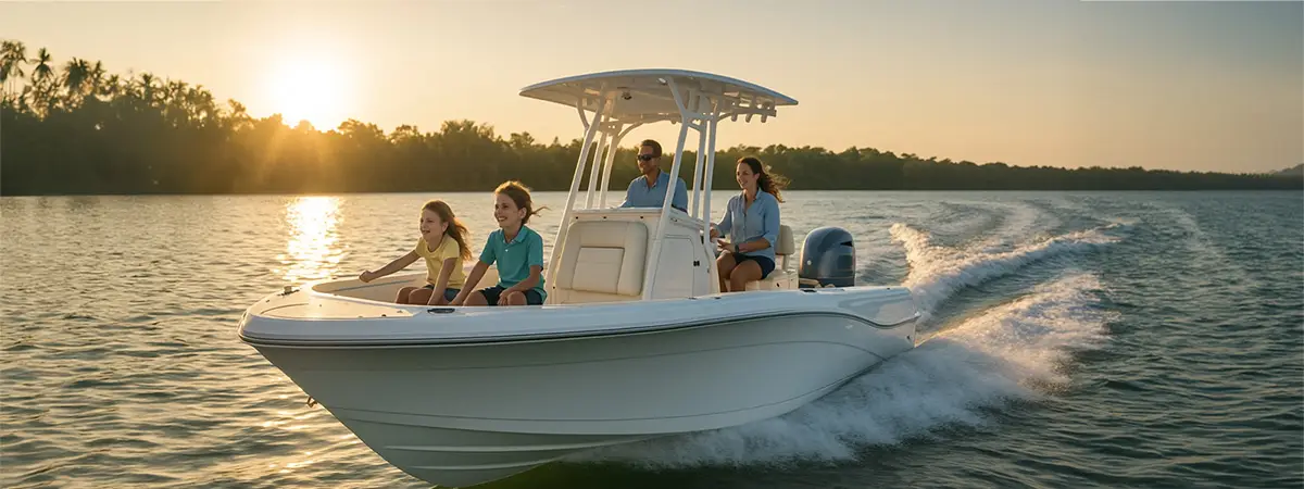 Family of four cruising on a white center console boat at sunset, smiling and enjoying the water