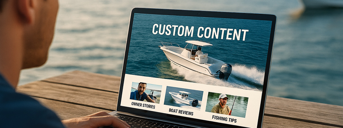 Person browsing custom boat content on a laptop by the water at sunset