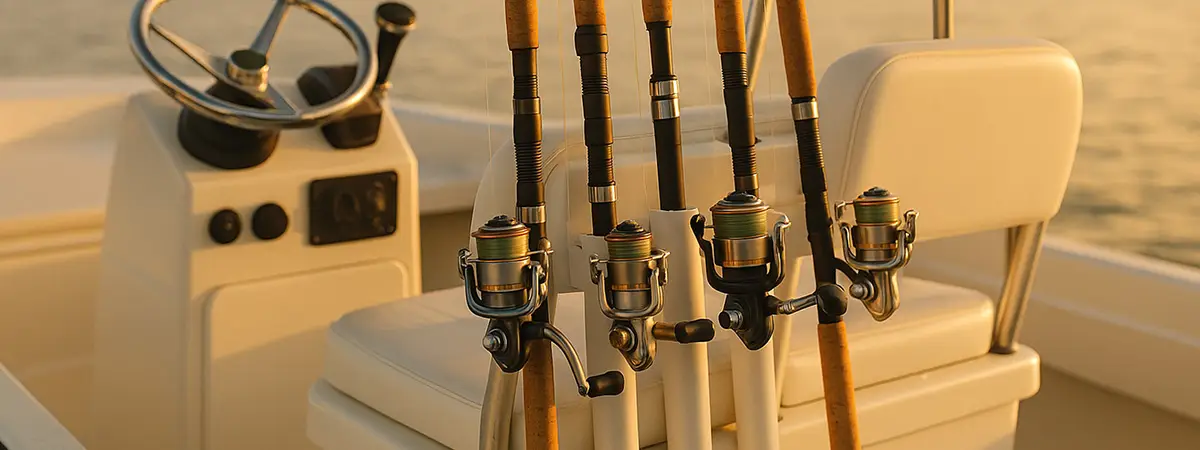 Fishing gear and rods on a boat during golden hour on calm water.