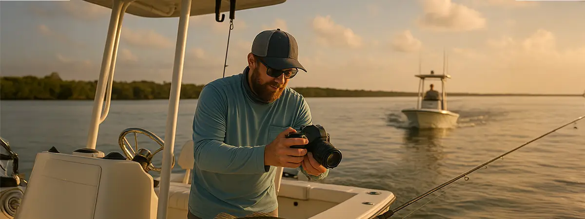 Fishing guide photographs a freshly caught trout at golden hour.